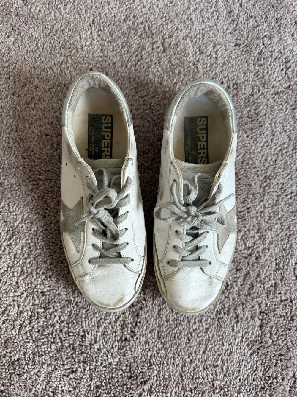 Golden Goose superstar distressed White Leather Sneakers with Gray Star - Picture 4 of 14